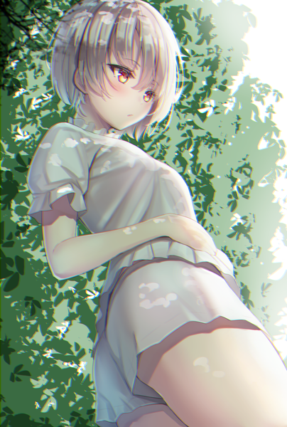 Anime picture 942x1400 with original reinama single tall image blush fringe short hair breasts hair between eyes red eyes standing looking away silver hair from below short sleeves dutch angle thighs anaglyph girl shorts
