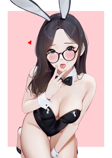 Anime-Bild 2480x3508 mit real life adela pramestiayu (yuuchan) jubi (regiana) single long hair tall image looking at viewer blush highres breasts open mouth light erotic simple background brown hair large breasts signed animal ears cleavage black eyes mole