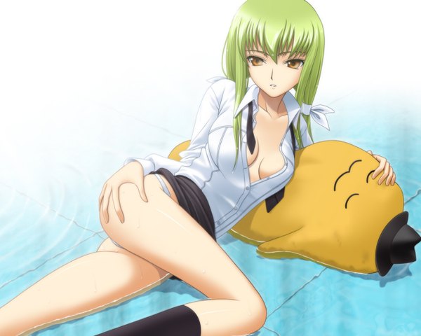 Anime picture 1280x1024 with code geass sunrise (studio) c.c. cheese-kun single long hair looking at viewer fringe breasts light erotic hair between eyes yellow eyes cleavage bent knee (knees) ass lying parted lips green hair open shirt legs