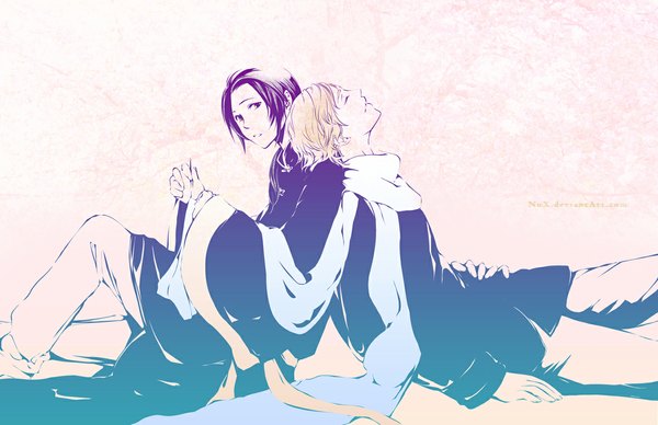 Anime picture 1190x770 with axis powers hetalia studio deen russia (hetalia) china (hetalia) nux (artist) long hair short hair blonde hair sitting purple hair ponytail eyes closed traditional clothes profile light smile multiple boys couple monochrome reclining sleeping