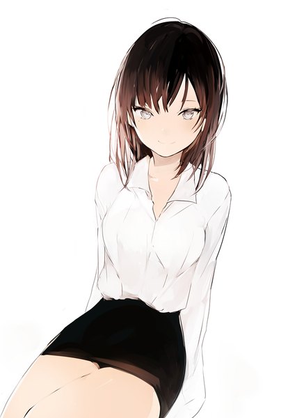 Anime picture 700x984 with original lpip single long hair tall image looking at viewer blush fringe breasts simple background smile brown hair white background sitting long sleeves arm support grey eyes hands behind back open collar tsurime