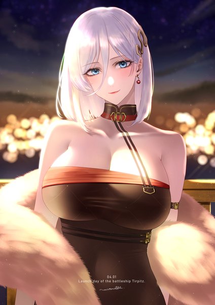Anime picture 1412x2000 with azur lane tirpitz (azur lane) lyche (cramcell) single tall image looking at viewer blush fringe short hair breasts blue eyes light erotic hair between eyes large breasts standing bare shoulders signed outdoors white hair head tilt