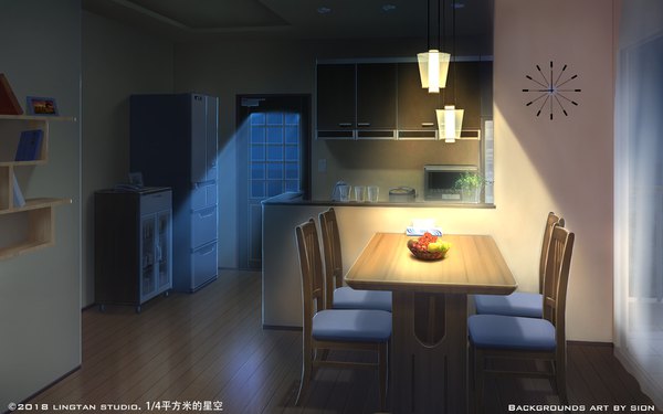 Anime picture 1536x960 with original sion005 signed indoors inscription evening light no people 2018 plant (plants) food window book (books) curtains chair table fruit clock berry (berries) lamp