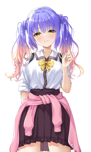 Anime picture 1500x2500 with tenshi souzou re-boot! yuzusoft kohibari kurumi ncontrail (mgax7527) single long hair tall image looking at viewer fringe simple background standing white background twintails yellow eyes payot purple hair nail polish light smile gradient hair clothes around waist