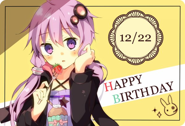Anime picture 1250x850 with vocaloid yuzuki yukari renge (2798537) single long hair purple eyes twintails looking away purple hair inscription low twintails happy birthday girl hair ornament food hair tubes berry (berries) strawberry fork