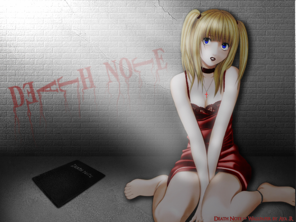 Anime picture 1024x768 with death note madhouse amane misa single blue eyes blonde hair sitting twintails bare shoulders barefoot girl cross sundress
