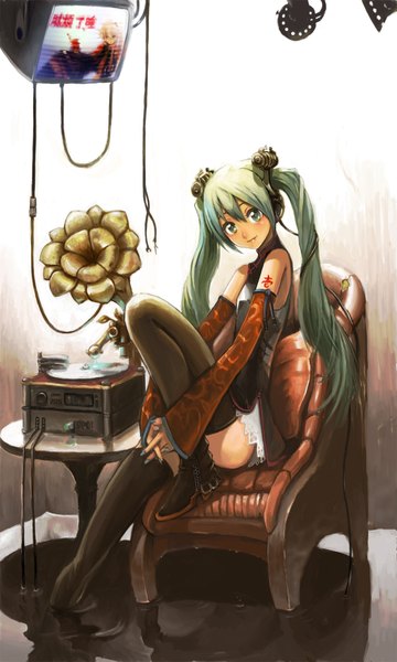 Anime picture 1200x2000 with vocaloid hatsune miku long hair tall image sitting twintails bare shoulders nail polish light smile aqua hair tattoo girl detached sleeves water thigh boots table wire (wires) armchair television phonograph