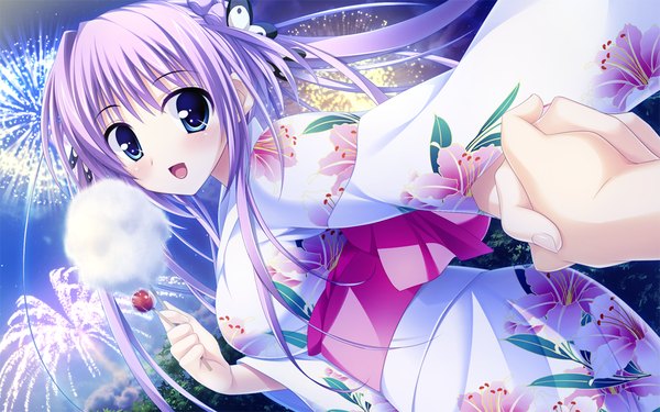 Anime picture 1054x659 with scramble lovers aoi yui ariko youichi long hair looking at viewer blush breasts open mouth blue eyes smile large breasts game cg purple hair traditional clothes japanese clothes looking back night night sky turning head holding hands