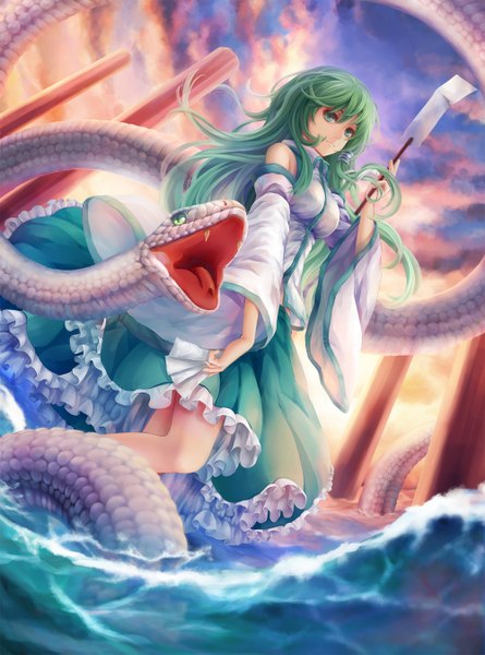 Anime picture 1000x1347 with touhou kochiya sanae amber (nickynike) single long hair tall image bare shoulders green eyes sky cloud (clouds) green hair girl dress detached sleeves water frills hair tubes snake gohei
