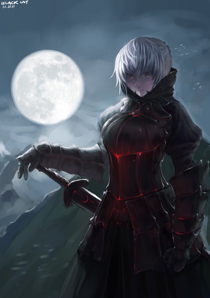 Anime picture 1500x2121 with fate (series) fate/stay night fate/zero studio deen type-moon artoria pendragon (all) saber saber alter black cat (pixiv 290354) single tall image silver hair white hair night girl dress weapon sword armor moon