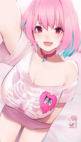 Anime picture 1190x2075 with idolmaster idolmaster cinderella girls yumemi riamu hayabusa single tall image looking at viewer blush fringe short hair breasts open mouth light erotic hair between eyes pink hair cleavage pink eyes multicolored hair arm up two-tone hair