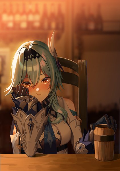Anime picture 3000x4267 with genshin impact eula lawrence re-leaf single long hair tall image blush fringe highres hair between eyes sitting bare shoulders brown eyes blue hair indoors head rest girl hairband chair mug