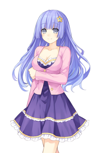 Anime picture 568x850 with date a live izayoi miku tsunako single long hair tall image looking at viewer blush fringe breasts large breasts standing payot cleavage purple hair blunt bangs long sleeves light smile bare legs transparent background