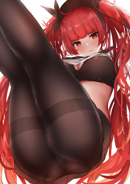 Anime picture 767x1085 with azur lane honolulu (azur lane) honolulu (umbrella girl) (azur lane) john zhang single long hair tall image looking at viewer blush fringe breasts light erotic simple background red eyes large breasts white background twintails ass red hair blunt bangs