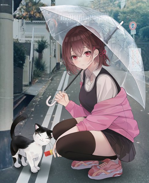 Anime picture 2735x3373 with original lebring single tall image looking at viewer blush fringe highres short hair hair between eyes red eyes brown hair holding full body outdoors off shoulder open jacket squat street girl