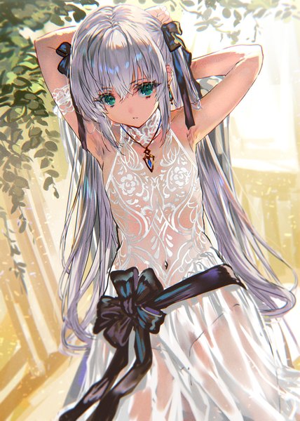 Anime picture 1141x1600 with original ranou single long hair tall image looking at viewer fringe light erotic hair between eyes standing twintails green eyes payot silver hair parted lips arms up armpit (armpits) covered navel arms behind head girl