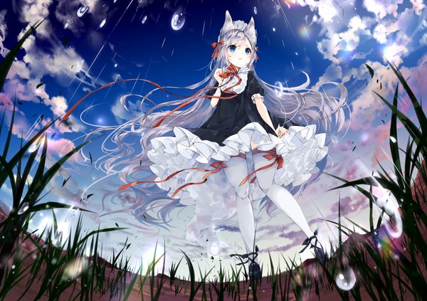 Anime picture 1025x724 with original umino mizu single long hair blush fringe blue eyes hair between eyes standing animal ears looking away sky silver hair cloud (clouds) full body outdoors tail animal tail wind from below