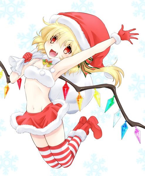 Anime picture 1250x1518 with touhou flandre scarlet komiru single tall image looking at viewer blush fringe short hair open mouth light erotic blonde hair red eyes white background bent knee (knees) teeth armpit (armpits) fang (fangs) fur trim outstretched arm