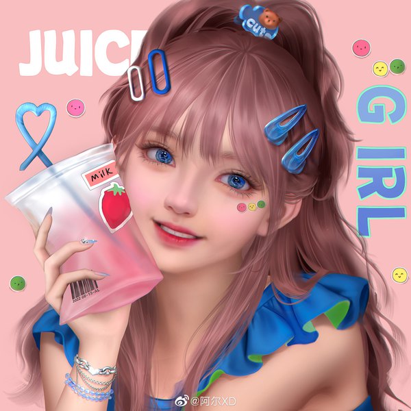 Anime picture 2480x2480 with original a er xd single long hair looking at viewer fringe highres blue eyes smile brown hair holding signed upper body blunt bangs nail polish head tilt fingernails lips realistic teeth