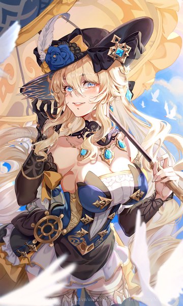 Anime picture 1200x1999 with genshin impact navia (genshin impact) mihan77108047 single long hair tall image looking at viewer fringe breasts blue eyes light erotic blonde hair hair between eyes large breasts cleavage turning head girl dress hat detached sleeves
