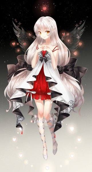 Anime picture 803x1500 with original kaminary single long hair tall image looking at viewer fringe smile bare shoulders yellow eyes white hair pointy ears black wings girl dress bow wings heart white dress red dress