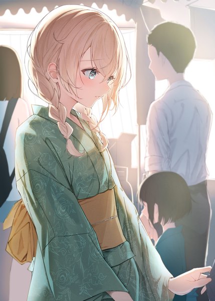 Anime picture 2591x3624 with virtual youtuber hololive kazama iroha rin (rin illust 0805) long hair tall image blush fringe highres blue eyes blonde hair hair between eyes standing outdoors braid (braids) traditional clothes parted lips japanese clothes alternate costume twin braids