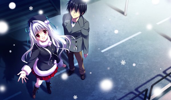 Anime picture 1024x600 with da capo iii yoshino charles tanihara natsuki long hair blush short hair open mouth black hair red eyes wide image game cg white hair pleated skirt from above couple snowing winter girl boy skirt