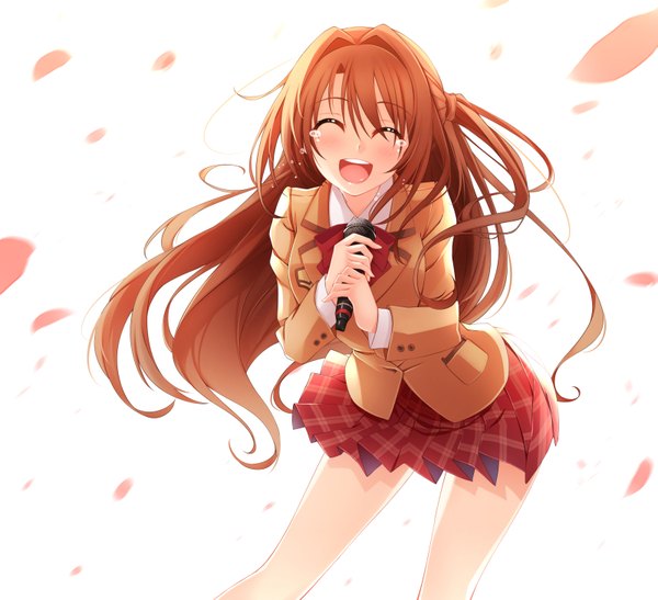Anime picture 800x730 with idolmaster idolmaster cinderella girls shimamura uzuki helther single long hair blush open mouth simple background smile brown hair white background eyes closed pleated skirt tears happy tears girl skirt uniform school uniform