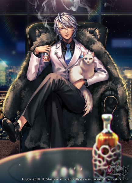Anime picture 600x831 with unleashed r.alnilam single tall image looking at viewer fringe short hair blue eyes sitting purple eyes yellow eyes silver hair heterochromia boy animal necktie fur cat cigarette tuxedo