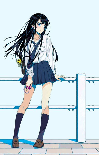 Anime picture 1350x2100 with original murakami suigun single long hair tall image blush fringe blue eyes black hair simple background smile standing looking away long sleeves pleated skirt wind sunlight blue background open collar girl
