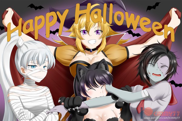 Anime picture 1920x1280 with rwby rooster teeth ruby rose weiss schnee blake belladonna yang xiao long kimmy77 long hair fringe highres breasts blue eyes black hair blonde hair smile large breasts purple eyes multiple girls animal ears silver hair