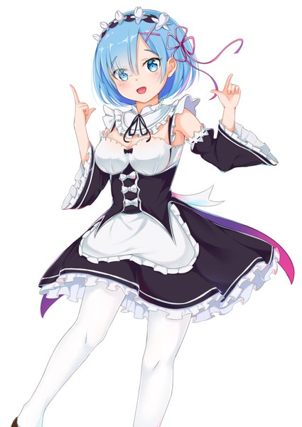 Anime picture 2508x3541 with re:zero kara hajimeru isekai seikatsu white fox rem (re:zero) tming single tall image looking at viewer blush fringe highres short hair breasts open mouth blue eyes simple background smile standing white background blue hair cleavage