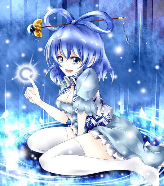 Anime picture 1500x1700 with touhou kaku seiga parad@ jibaku rei single tall image looking at viewer short hair breasts open mouth blue eyes light erotic sitting blue hair girl thighhighs dress hair ornament white thighhighs energy ball
