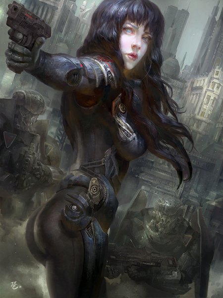 Anime picture 750x1000 with original michaelcty long hair tall image fringe blue eyes black hair signed ass science fiction girl weapon armor gun building (buildings) bodysuit pistol assault rifle
