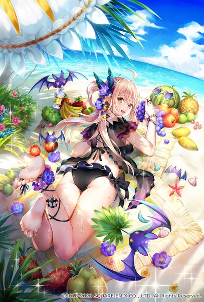 Anime picture 1220x1800 with romancing saga vampire lady (romancing saga) nemusuke single long hair tall image looking at viewer blush open mouth light erotic blonde hair red eyes sky cloud (clouds) lying barefoot hair flower from above pointy ears wet
