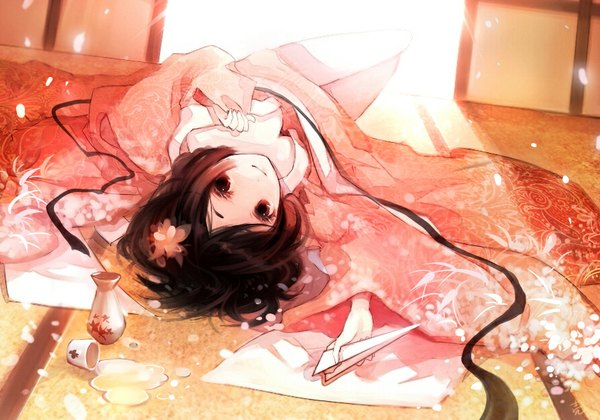 Anime picture 890x623 with axis powers hetalia studio deen japan (hetalia) shell (pixiv) single light erotic smile brown hair brown eyes indoors lying traditional clothes japanese clothes hair flower sunlight sunbeam girl hair ornament flower (flowers) petals
