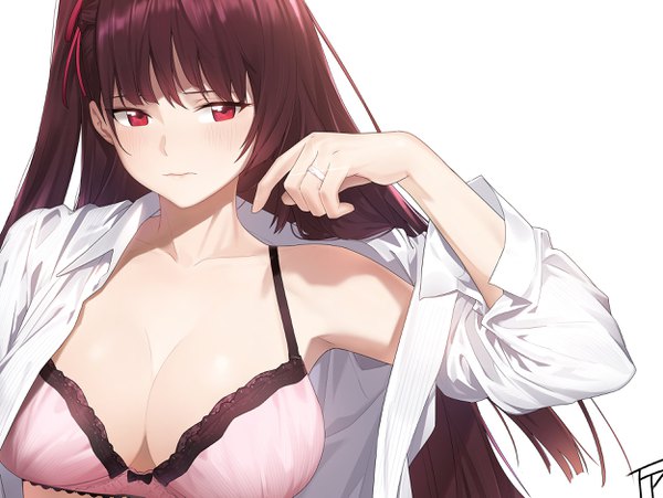 Anime picture 2500x1882 with girls frontline wa2000 (girls frontline) fpanda single long hair looking at viewer blush fringe highres breasts light erotic simple background hair between eyes red eyes brown hair large breasts white background signed cleavage upper body