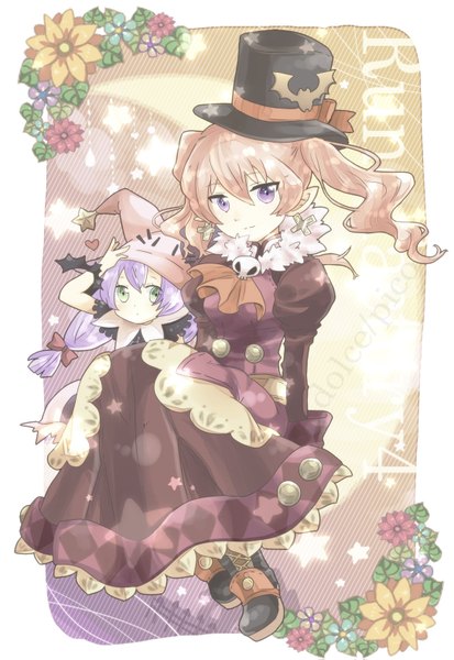 Anime picture 1091x1583 with rune factory rune factory 4 dolce (rune factory) pico (rune factory) nago celica long hair tall image looking at viewer blush sitting purple eyes twintails multiple girls green eyes pink hair purple hair inscription character names girl flower (flowers)