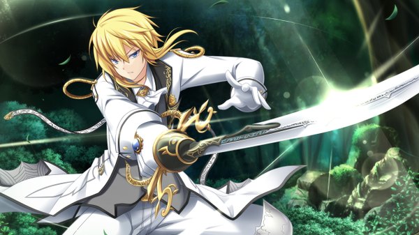 Anime picture 1280x720 with kami no rhapsody eushully erballade hion el ballad haion yano mitsuki single looking at viewer short hair blue eyes blonde hair hair between eyes wide image game cg fighting stance attack boy gloves weapon sword white gloves