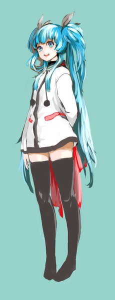 Anime picture 351x913 with sora no method noel (sora no method) viji single long hair tall image fringe open mouth blue eyes simple background blue hair looking away full body two side up no shoes arm behind back aqua background girl thighhighs bow