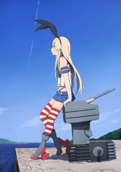 Anime picture 1000x1414 with kantai collection shimakaze destroyer rensouhou-chan youmak single long hair tall image blonde hair sitting bare shoulders sky cloud (clouds) bent knee (knees) profile girl thighhighs skirt gloves uniform bow