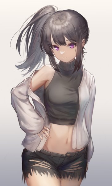Anime picture 2473x4093 with original ioriwu8 single long hair tall image looking at viewer fringe highres black hair simple background smile standing purple eyes long sleeves off shoulder open jacket hand on hip gradient background side ponytail girl