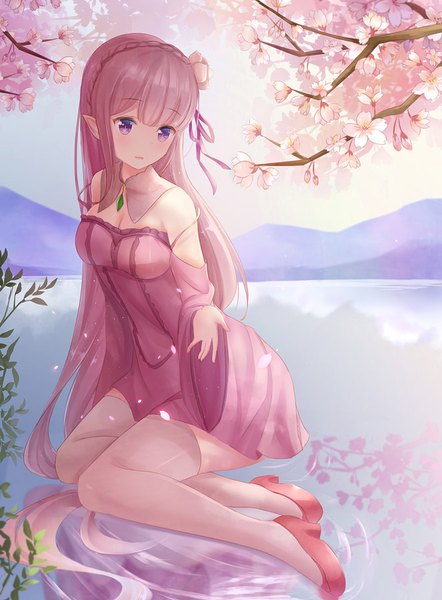 Anime picture 663x900 with re:zero kara hajimeru isekai seikatsu white fox emilia (re:zero) kimm single tall image fringe sitting purple eyes bare shoulders looking away cleavage silver hair full body bent knee (knees) outdoors braid (braids) very long hair parted lips hair flower