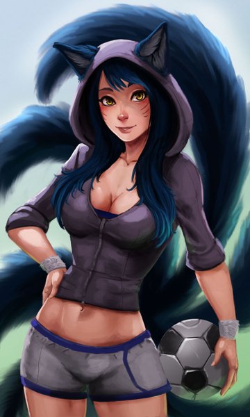 Anime picture 810x1350 with league of legends ahri (league of legends) carlos eduardo single long hair tall image looking at viewer breasts animal ears yellow eyes blue hair cleavage tail lips bare belly hand on hip facial mark fox girl multiple tails whisker markings
