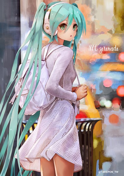 Anime picture 1000x1414 with vocaloid hatsune miku takepon1123 single tall image looking at viewer blush fringe open mouth hair between eyes standing twintails green eyes signed outdoors very long hair looking back aqua hair inscription depth of field