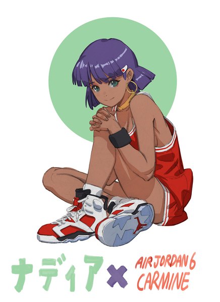 Anime picture 1200x1648 with fushigi no umi no nadia nike air jordan nadia sunkist single tall image looking at viewer fringe short hair breasts simple background smile white background sitting bare shoulders green eyes purple hair full body character names