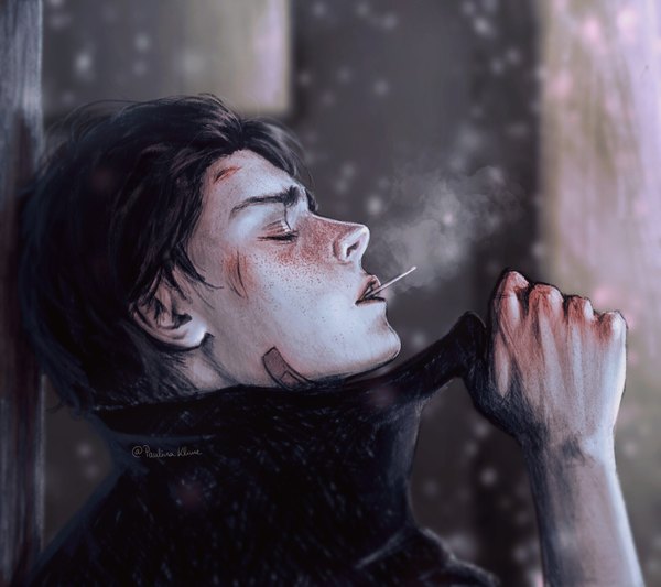 Anime picture 1920x1707 with original paulina klime single highres short hair black hair simple background holding signed upper body eyes closed profile arm up realistic depth of field twitter username mouth hold snowing smoke smoking