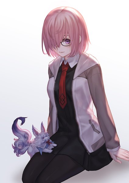 Anime picture 842x1191 with fate (series) fate/grand order mash kyrielight whitem (whiteemperor2020) single tall image looking at viewer fringe short hair white background purple eyes pink hair hair over one eye open jacket girl animal glasses necktie jacket
