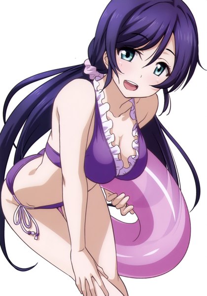 Anime picture 2142x3062 with love live! school idol project sunrise (studio) love live! toujou nozomi inou shin single long hair tall image looking at viewer highres breasts open mouth blue eyes light erotic simple background white background bare shoulders blue hair scan girl