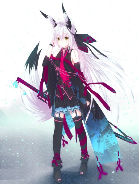 Anime picture 1302x1733 with original nagishiro mito single long hair tall image standing bare shoulders animal ears yellow eyes white hair tail animal tail girl thighhighs dress weapon black thighhighs detached sleeves sword